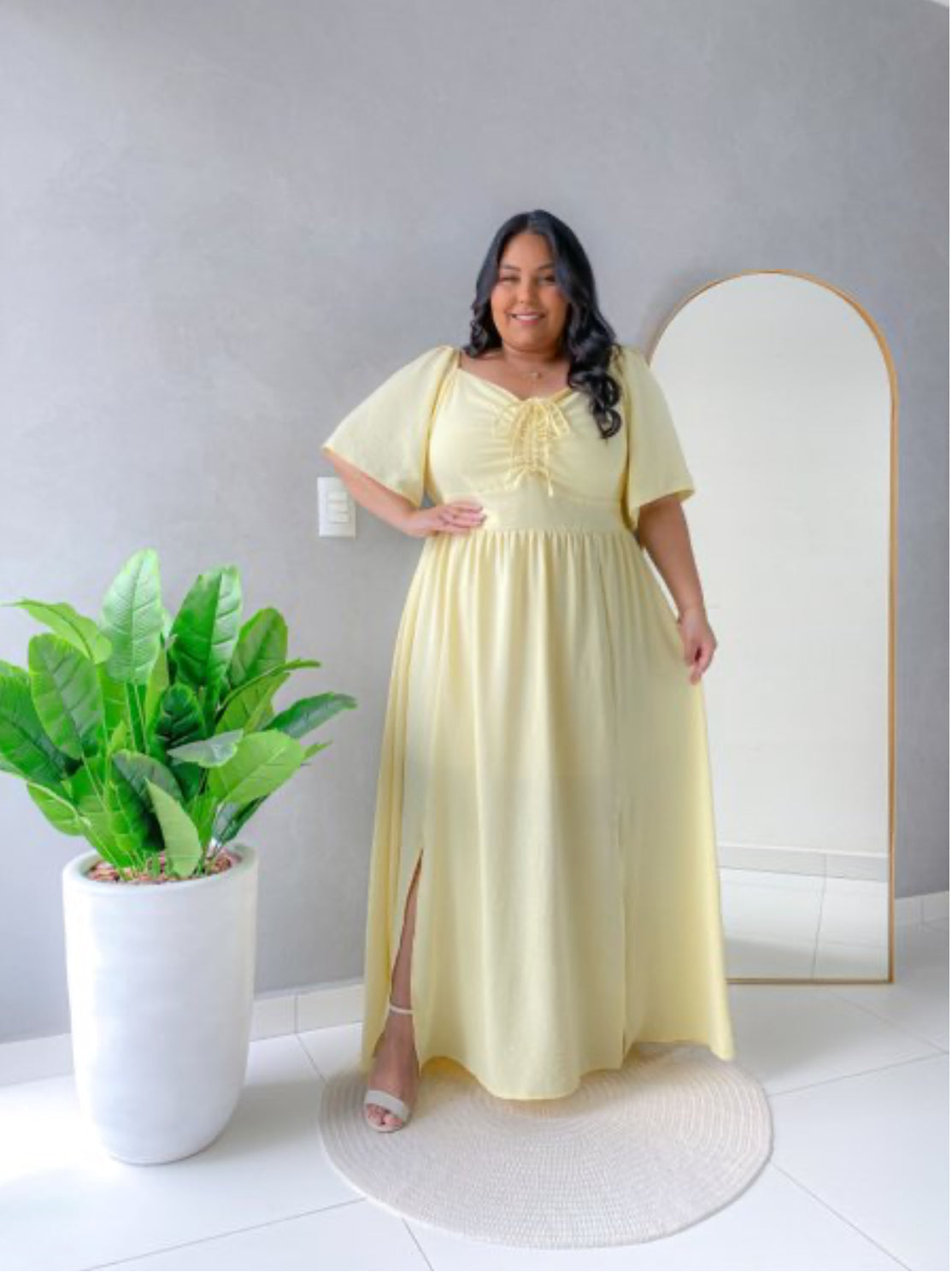 Vestido longo Amarelo Manteiga com regulagem no busto