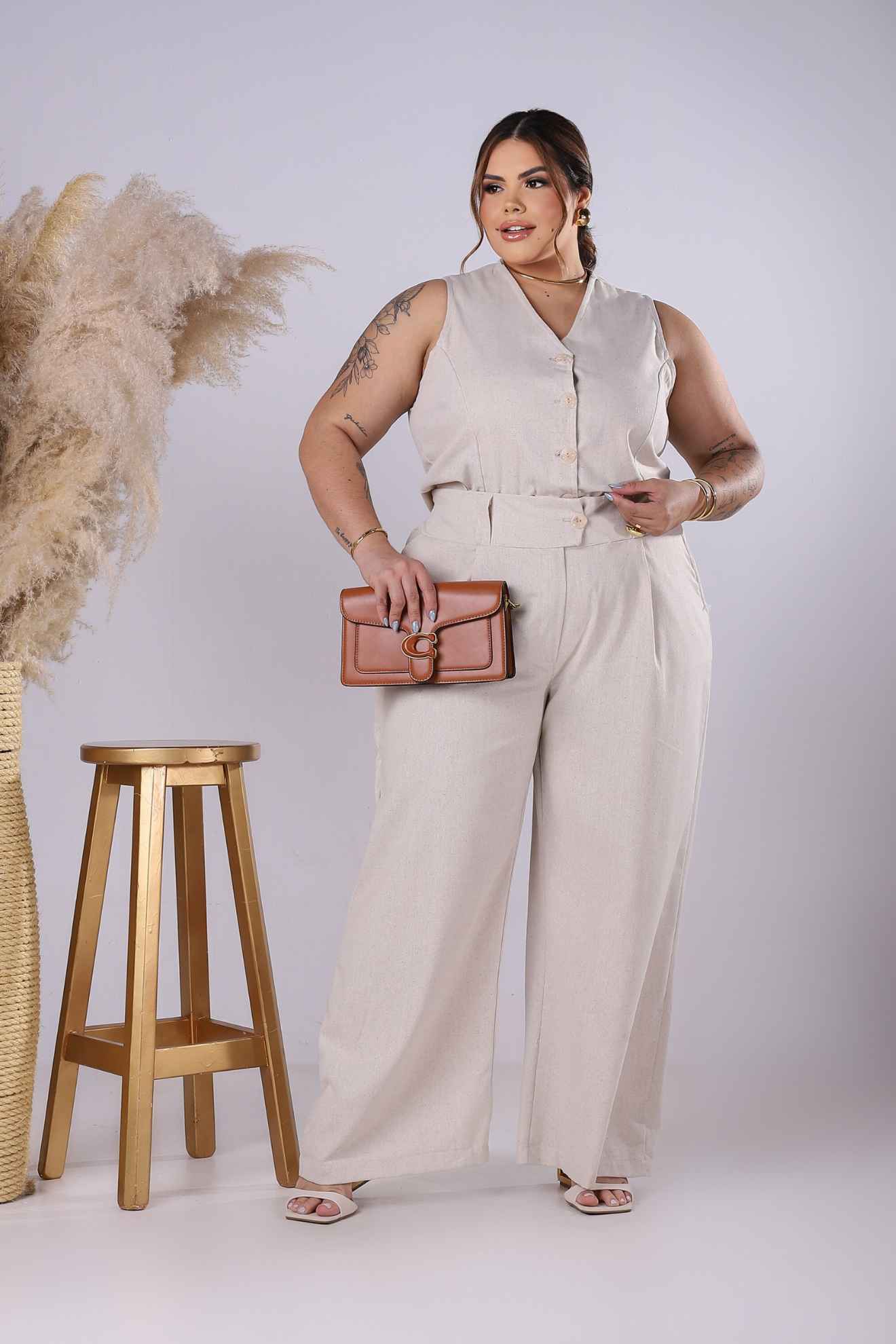 Calça Pantalona de Linho com Pregas