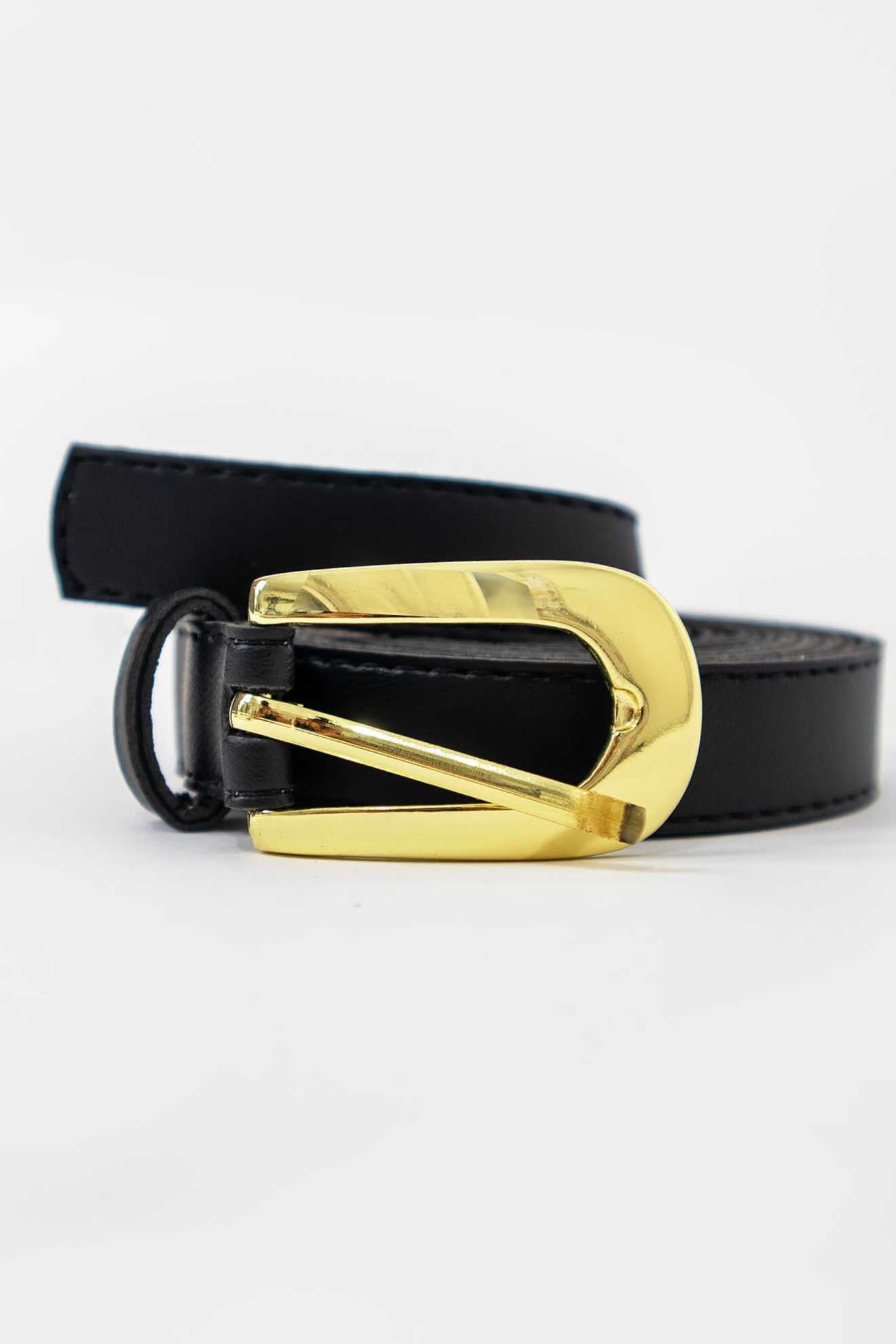 Cinto de Couro Sintético Fino Preto com Fivela Dourada