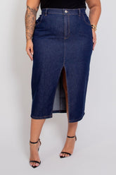 Saia Midi com Fenda Frontal Jeans