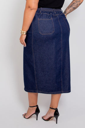 Saia Midi com Fenda Frontal Jeans