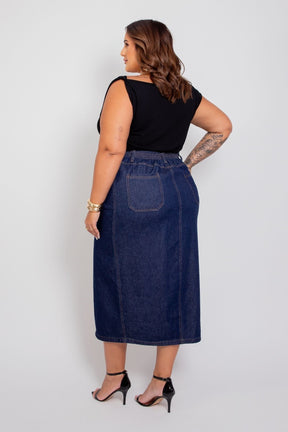 Saia Midi com Fenda Frontal Jeans