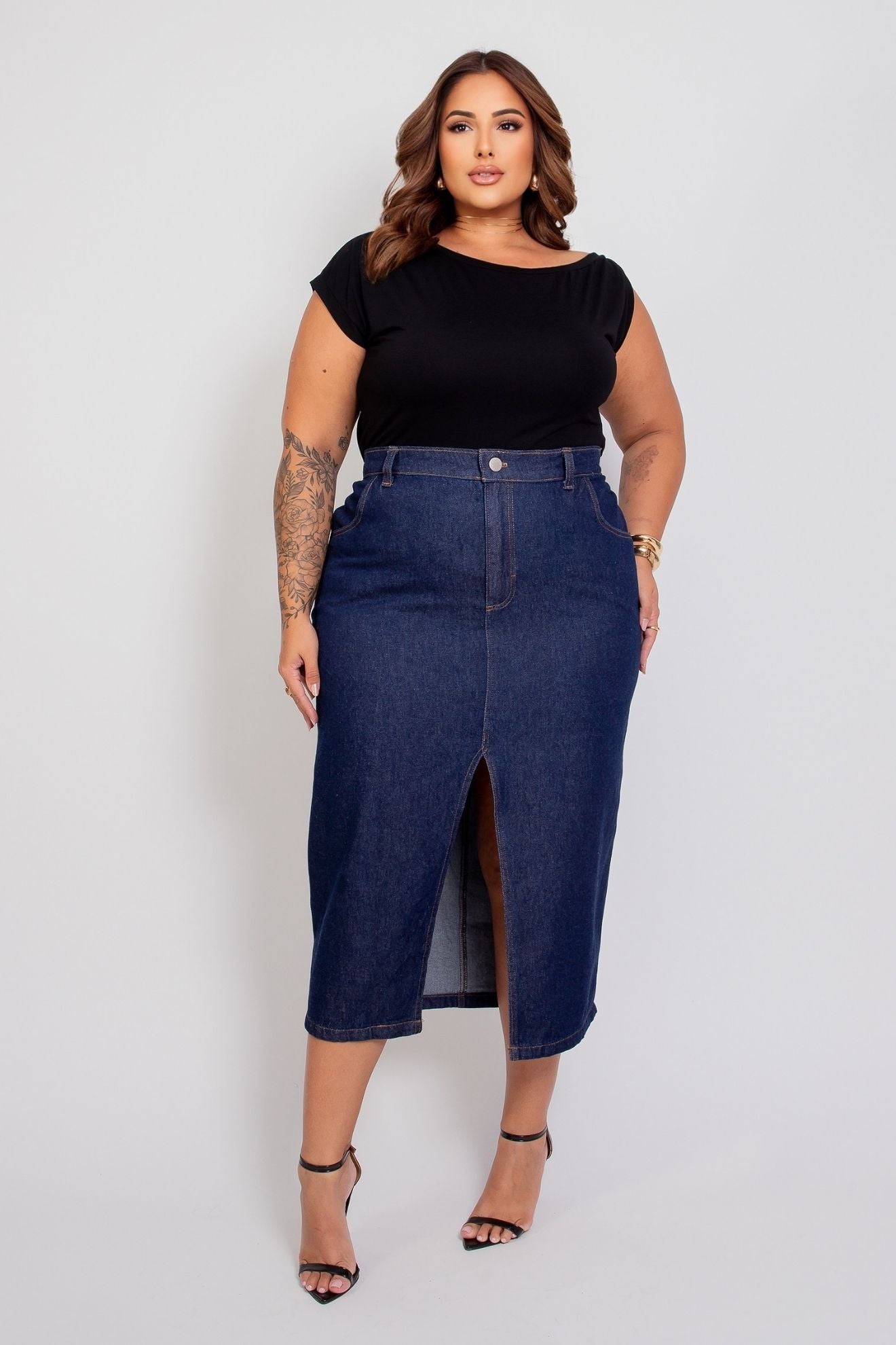 Saia Midi com Fenda Frontal Jeans