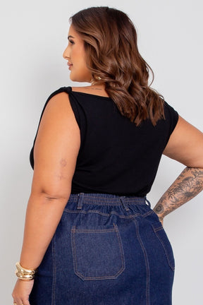 Saia Midi com Fenda Frontal Jeans