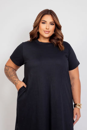 Vestido Midi Amplo Manga Curta com Fenda Lateral