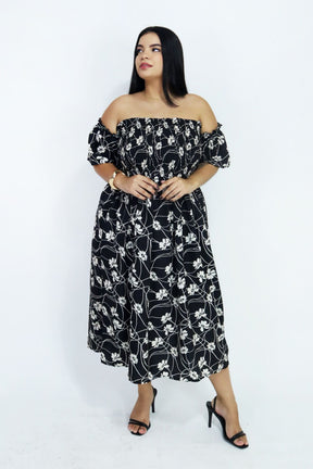 Vestido Midi Estampado Ombro a Ombro com Mangas