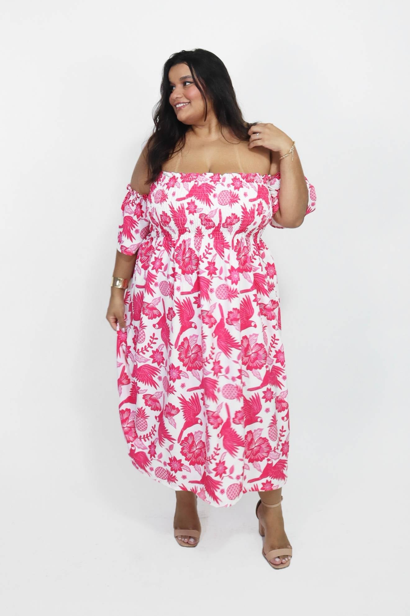 Vestido Midi Ombro a Ombro com Mangas Diana