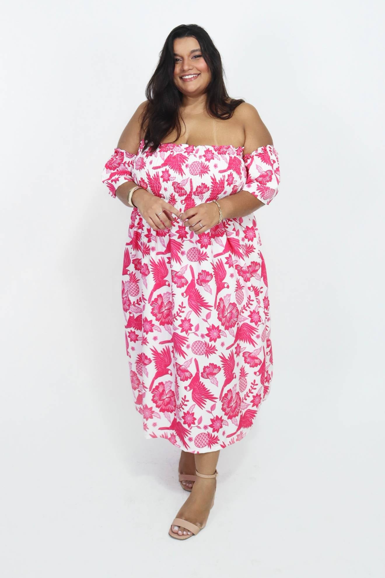 Vestido Midi Ombro a Ombro com Mangas Diana