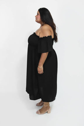 Vestido Midi Ombro a Ombro com Mangas Duna