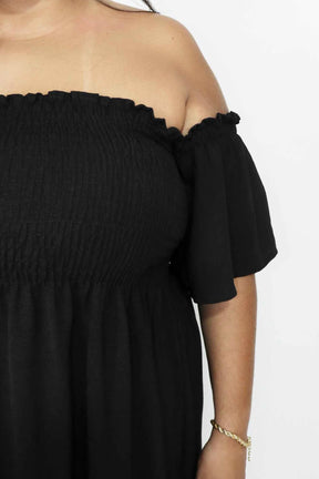 Vestido Midi Ombro a Ombro com Mangas Duna