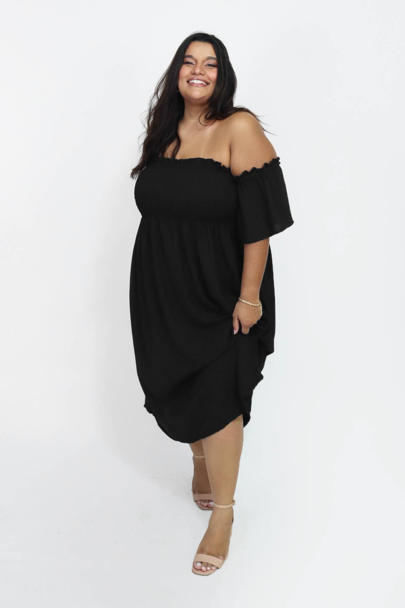 Vestido Midi Ombro a Ombro com Mangas Duna