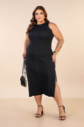 Vestido Midi Ribana Canelada com Fenda Lateral