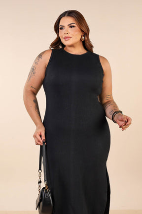 Vestido Midi Ribana Canelada com Fenda Lateral
